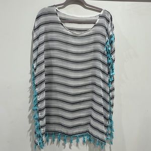 Sheer striped cover up with blue tassel